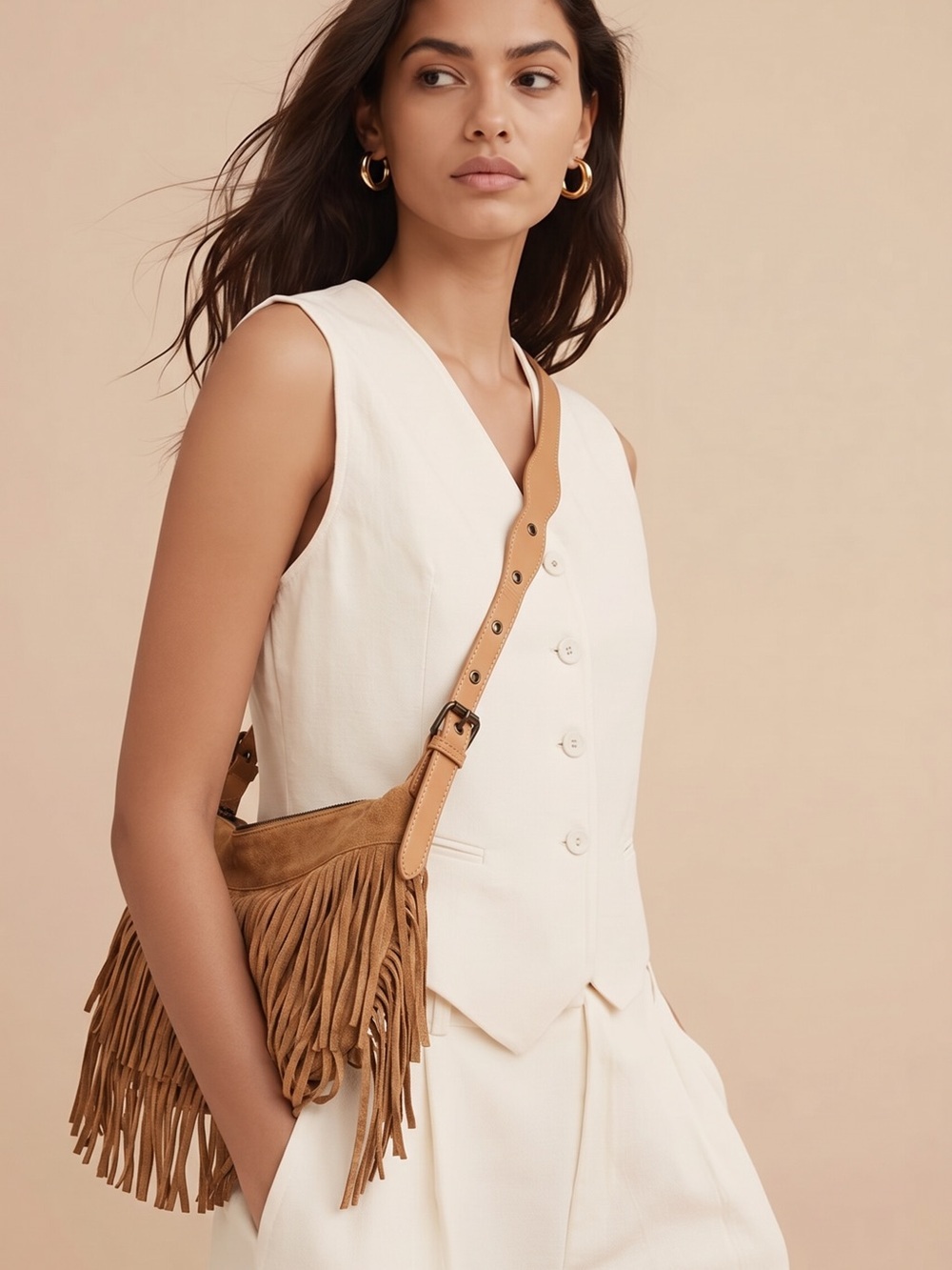 Boho Suede Fringe Crossbody Bag in Tan - Picture 6 of 13